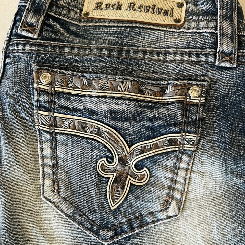 Rock Revival Blue Ankle Cropped Jeans with Ornate Embroidery